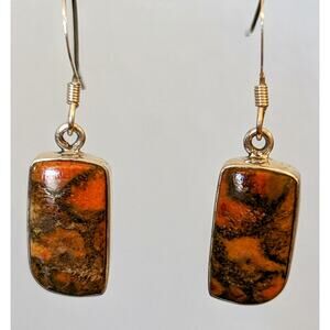 Marked 925 Orange Copper Turquoise Bezel Set Stone Dangle Earrings